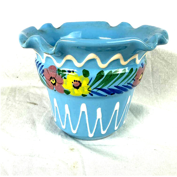 Vintage E&R Italian Pottery Planter Sky Blue Floral Ruffled Edge Flower Pot - Picture 1 of 6